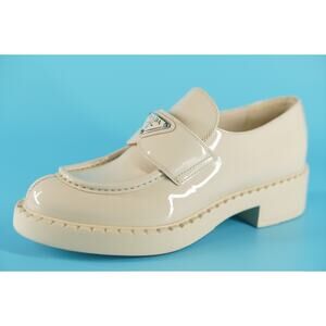 Prada Ivory Patent Leather Tringle Logo Platform Loafer Pumps SZ 37.5 $1200 New